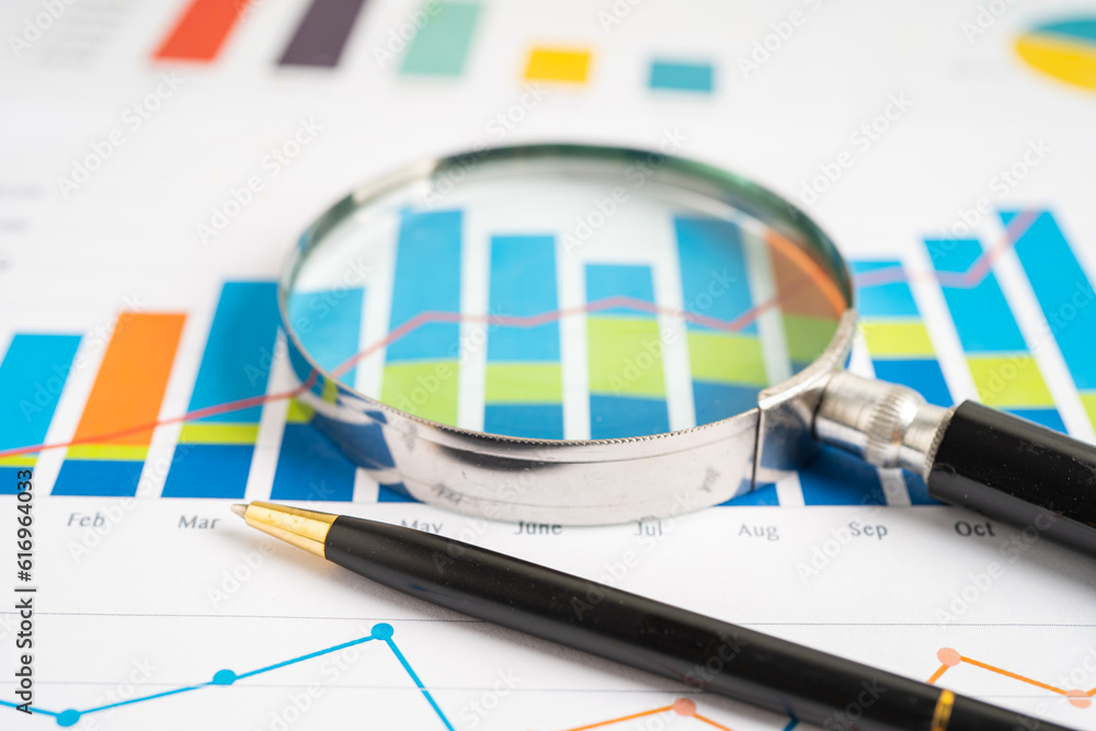 Wall mural magnifying glass on graph paper. financial development, banking account, statistics, investment anal