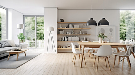 Obraz premium Scandinavian Indoor Design: Inspiring Real-Estate Rooms, Nature-Inspired new modern loft apartment. 3d rendering Generative AI