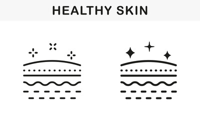 Healthy and Clean Face Skin Line and Silhouette Black Icon Set. Beauty Fresh Human Skin Pictogram. Facial Skincare, Hygiene Symbol Collection. Isolated Vector Illustration