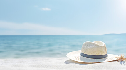 Fototapeta na wymiar Travel summer hat on the beautiful beach created with Generative AI