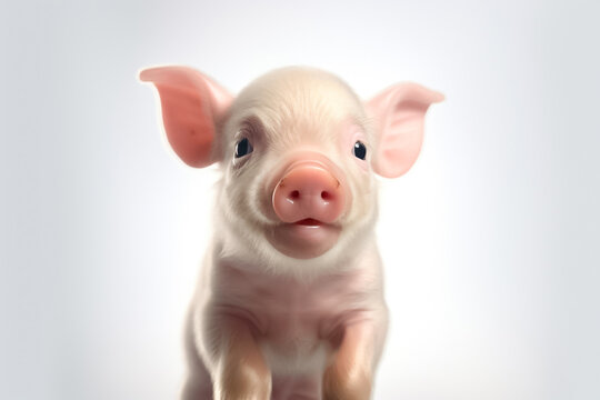 With grace and elegance, a baby pig poses against a clean white background, illuminated by the soft and magical studio light. Generative AI.
