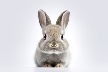 Fototapeta premium In the realm of serenity and wonder, a baby rabbit captivates on a white background, emanating pure joy under the gentle studio light. Generative AI.
