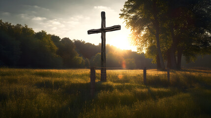 Wooden cross on the green field in the morning created with Generative AI