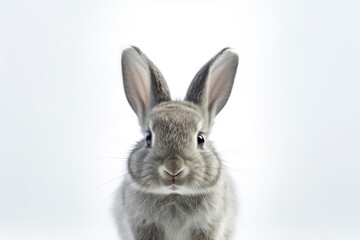 Fototapeta premium In the realm of serenity and wonder, a baby rabbit captivates on a white background, emanating pure joy under the gentle studio light. Generative AI.