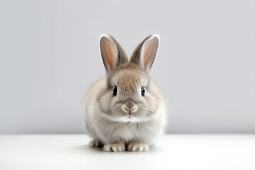 Fototapeta premium In the realm of serenity and wonder, a baby rabbit captivates on a white background, emanating pure joy under the gentle studio light. Generative AI.