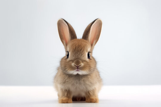 In the realm of serenity and wonder, a baby rabbit captivates on a white background, emanating pure joy under the gentle studio light. Generative AI.