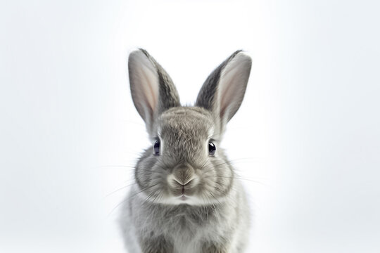 In the realm of serenity and wonder, a baby rabbit captivates on a white background, emanating pure joy under the gentle studio light. Generative AI.