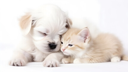 Fototapeta na wymiar cute cat and dog sleeping on white background created with Generative AI