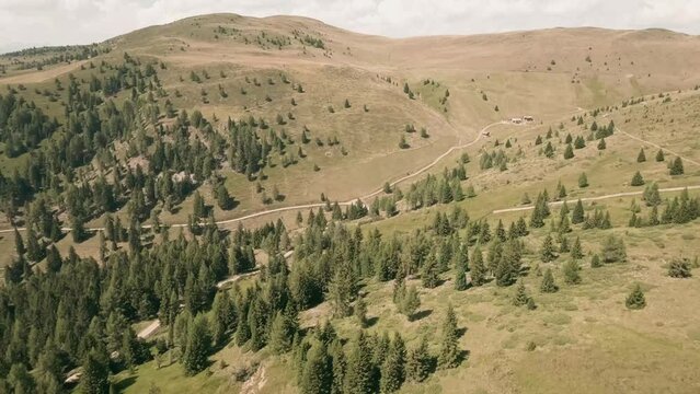 Captivating stock footage showcases a breathtaking reveal of hills with patches of forests and individual trees. FPV drone footage above Luzen village's scenic landscape.Lupa Creative.