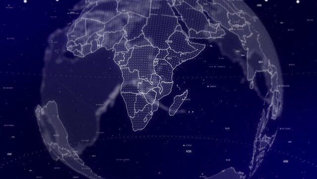 cinematic video background showcases digital globe rotating, zooming in on Mozambique country.Data analysis Technology Globe rotating on Mozambique Country data analysis technological background