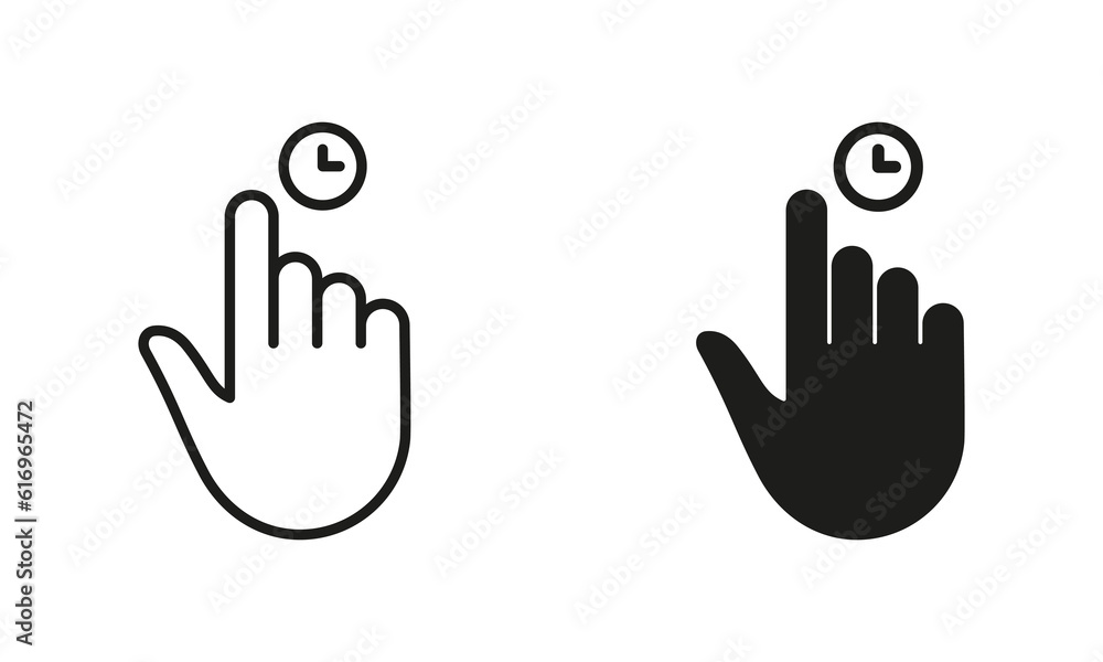 Poster hand cursor, computer mouse line and silhouette black icon set. finger pointer with clock pictogram.