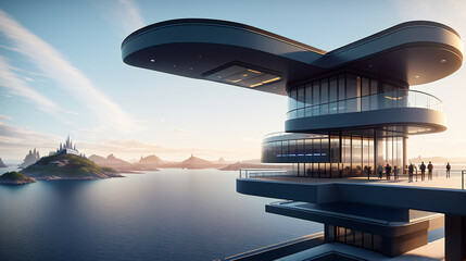 Fototapeta premium futuristic black building with a huge protruding canopy. generative ai