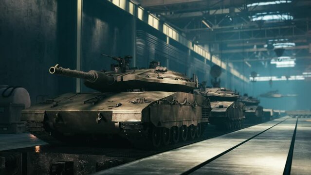 Military tank industry. Military industrial plant and production of heavy military equipment. 3d animation