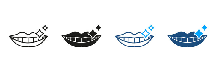 Shiny Human Smile. Healthy Teeth, Sparkle Mouth Silhouette and Line Icon Set. Dental Treatment, Dentistry Black and Color Symbol Collection. Beauty Lips and White Teeth. Isolated Vector Illustration