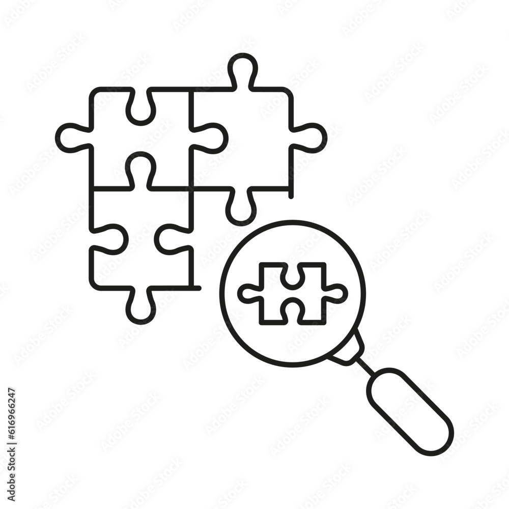 Poster magnifying glass and jigsaw pieces outline sign. problem solving linear pictogram. magnifier with pu
