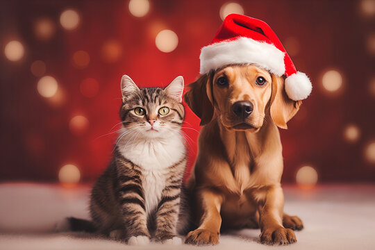 christmas cat and dog. Ai generated