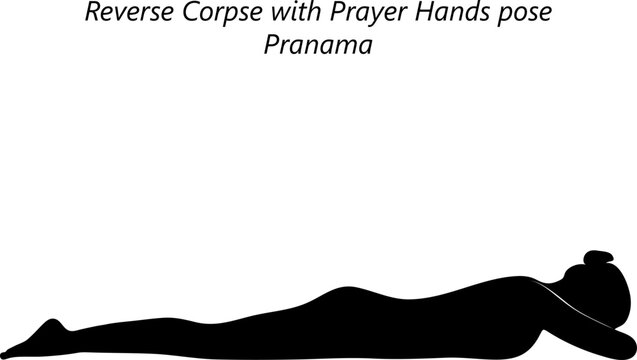 Black silhouette of young woman practicing yoga, doing Reverse Corpse with Prayer Hands pose. Pranama. Prone and Neutral. Beginner. Isolated vector illustration.