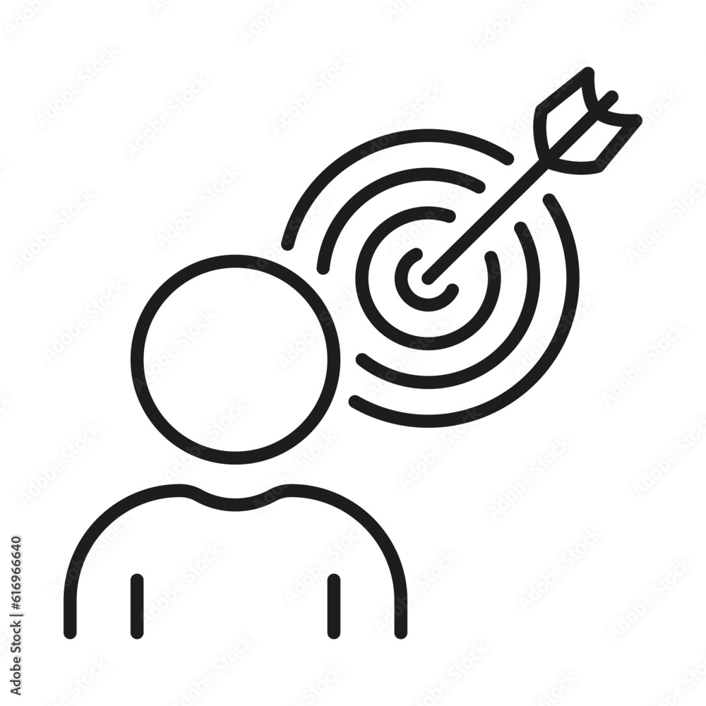 Poster person with target line icon. goal strategy, aim focus linear pictogram. objective oriented human. d