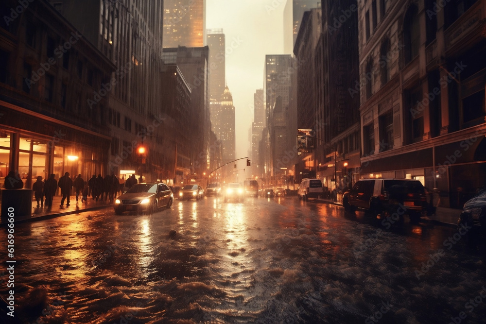 Wall mural An intense picture of rain pouring heavily onto a city street, resulting in floodwaters starting to accumulate, emphasizing the onset of an urban flood.