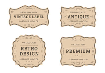 Vintage label, frame, retro tag set. Antique, Victorian, royal design template. Old card, sticker, classic badge or sign collection with decorative ornament. Vector illustration.