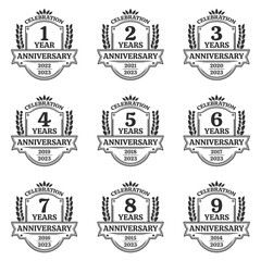 1, 2, 3, 4, 5, 6, 7, 8, 9 years anniversary icon or logo. Vintage birthday banner design with laurel wreath. Jubilee celebration badge or label collection. Vector illustration.