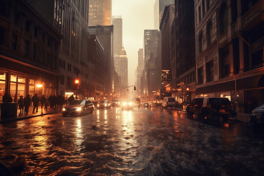 An intense picture of rain pouring heavily onto a city street, resulting in floodwaters starting to accumulate, emphasizing the onset of an urban flood.