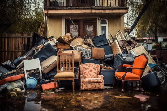 A poignant photo showing drenched belongings piled outside of a home after a flood, reflecting the personal losses experienced in a flood.