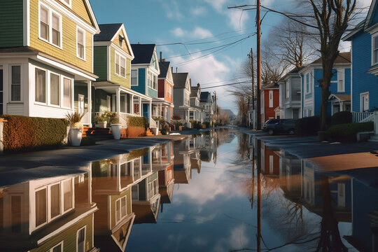 A somber image of a residential street flooded with water, reflections of houses bouncing off the surface, illustrating the aftermath of heavy rains in a suburban neighborhood.