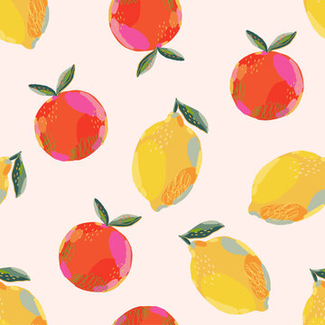 Hand drawn summer fruit in modern artist painting style. Vector illustration. Seamless pattern with orange and lemon