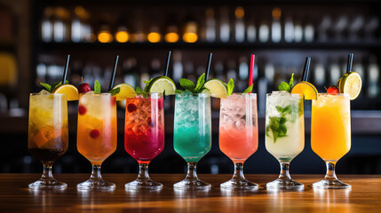 Row of various cocktails on the bar counter