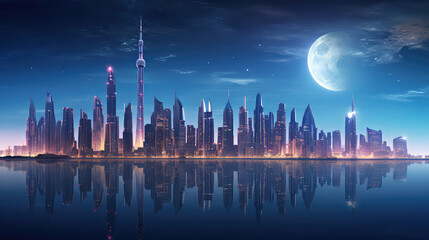 Fototapeta na wymiar Futuristic city skyline with moonrise