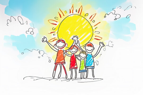 Children pencil drawing, Happy family and big sun. Bright colors. Generative AI illustration. Family and happiness concept