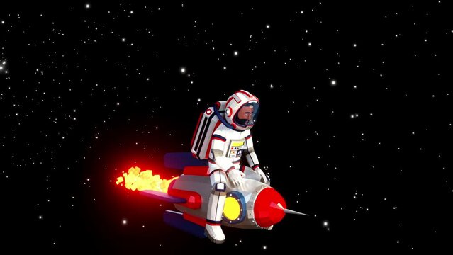 3D astronaut in a spacesuit flying, sitting atop a rocket like a cowboy. 3D looping animation in low-poly style.