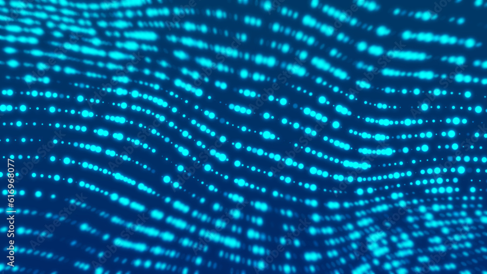 Poster Smooth abstract gradient dynamic wave of many glowing particles. Network of neon dots. Big data. Digital background. 3d rendering