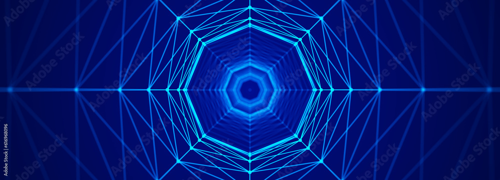 Poster Abstract tunnel of dots and lines. 3D wormhole with a mesh structure. Vortex. 3d rendering