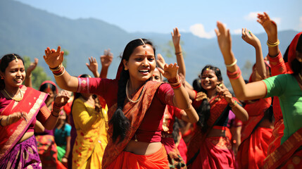 Indian women dancing celebrating Teej festival - obrazy, fototapety, plakaty