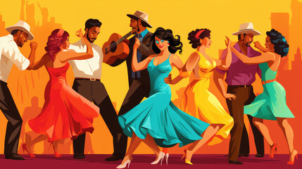 Latin party dancing salsa bachata cartoon style AI image - obrazy, fototapety, plakaty