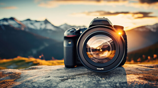World photography day camera with mountain landscape background