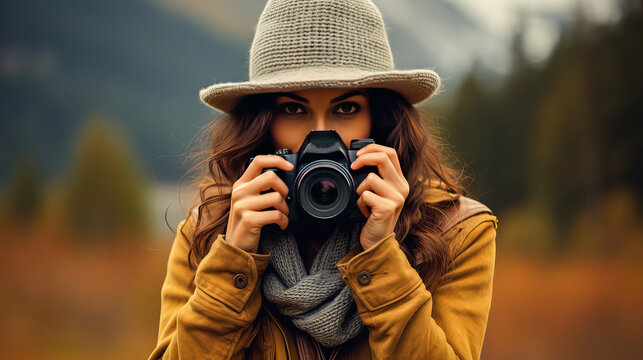 Woman photographer day. Woman wearing hat holding camera in hands