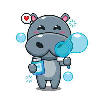 hippo blowing bubbles cartoon vector illustration.