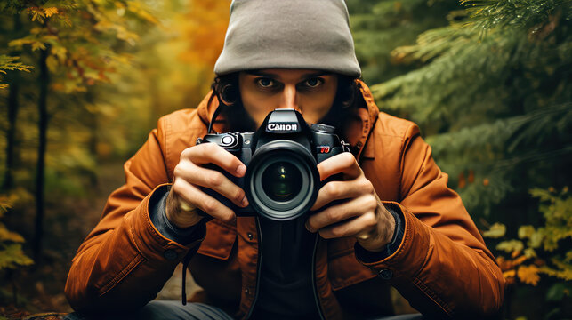 Woman photographer day. Man wearing hat holding camera in hands
