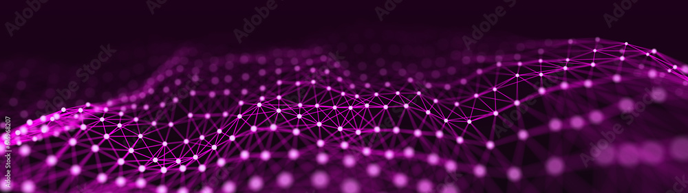 Poster Network of bright connected dots and lines. Abstract dynamic wave of many points. Digital background. 3D rendering.