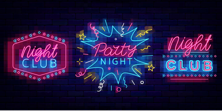 Party night neon labels collection. Night club event. Performance flyer. Vector stock illustration