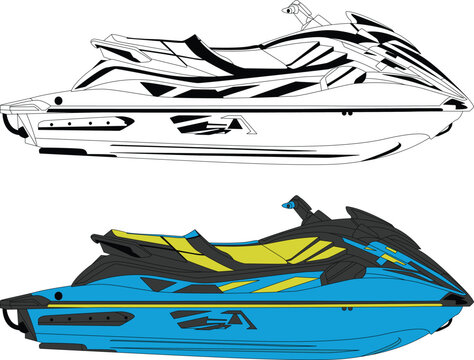 Vector, line art and color image of jet motor boat on a white background