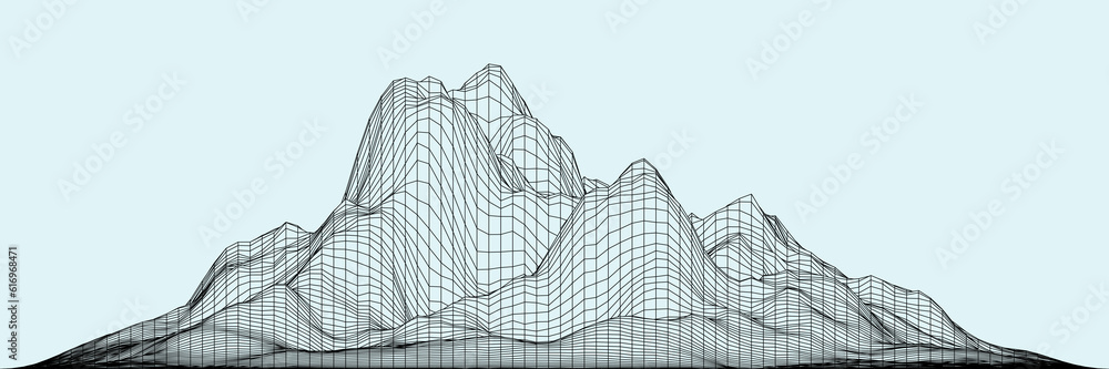 Poster vector wireframe 3d landscape. technology grid illustration. network of connected dots and lines. fu