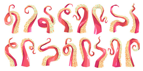 Cartoon octopus tentacles. Cartoon monster legs, comic squid pink limbs with suckers in different positions, ocean cephalopods, ocean predatory mollusk, isolated elements, tidy vector set © YummyBuum