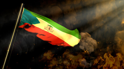 defocused Equatorial Guinea flag on smoke with sun beams backdrop - problem concept - abstract 3D illustration