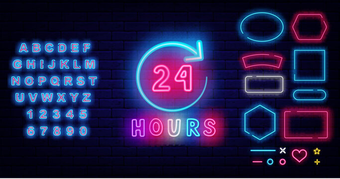 Around the clock neon label. Frames collection. Circle arrow with 24. Shiny blue alphabet. Vector stock illustration
