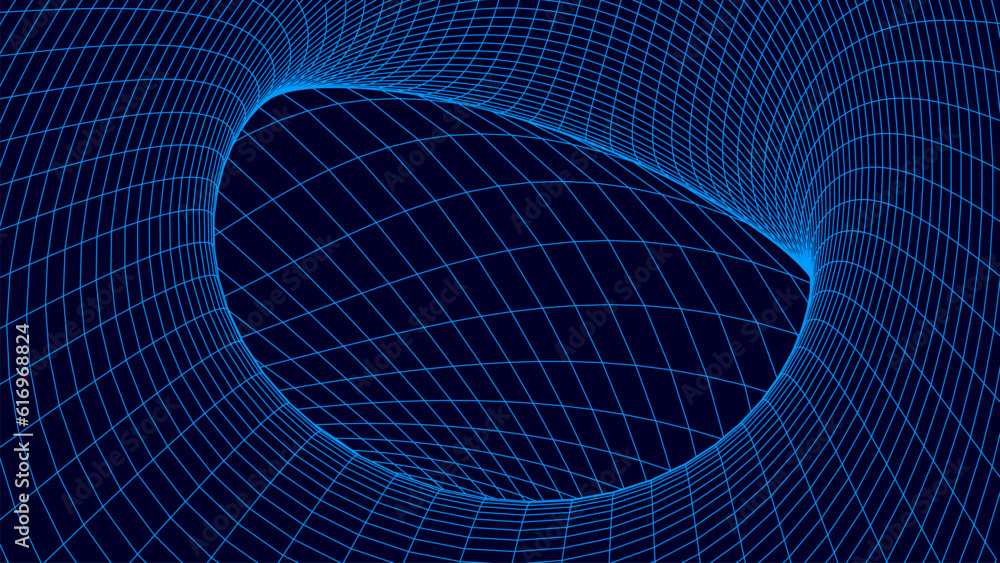 Poster curved wireframe abstract tunnel. 3d vector wormhole with a mesh structure. vortex. vector perspecti
