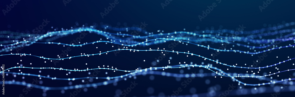 Poster wave of bright connected dots and lines. abstract dynamic wave of many points. digital background. 3